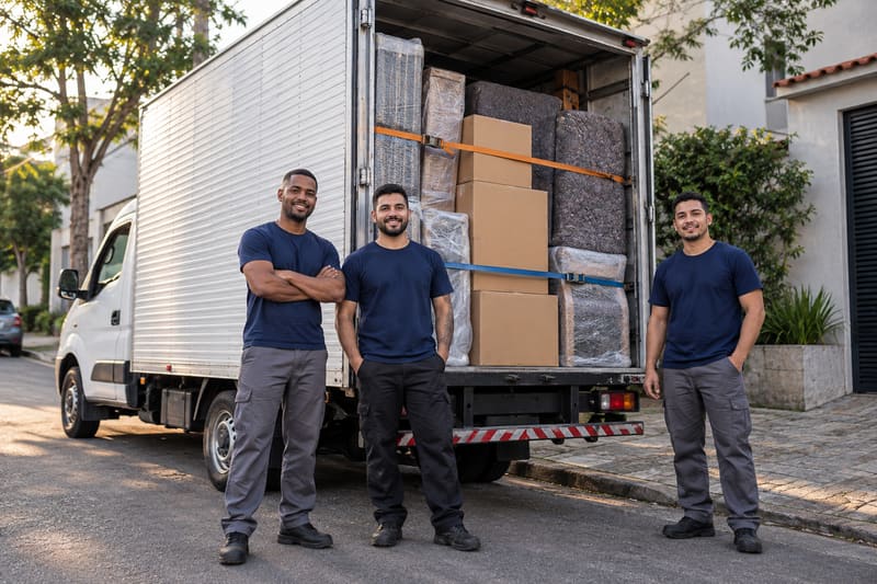 Equipe de mudança ao lado do caminhão baú carregado
