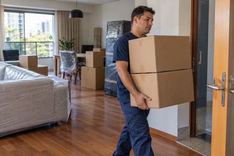 Carregador levando caixas de mudança em um apartamento em São Paulo